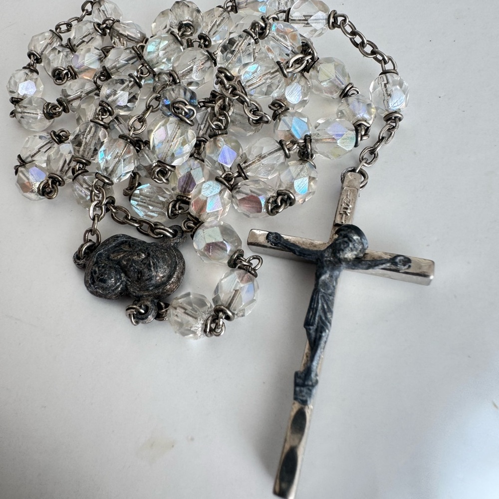 Vintage Aurora Borealis Crystal Glass Bead Catholic Rosary Italy